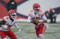 Kansas City Chiefs quarterback Patrick Mahomes, right, drops back alongside running back Le'Veon Bell during the first half of an NFL football game against the Denver Broncos, Sunday, Oct. 25, 2020, in Denver. (AP Photo/Jack Dempsey)