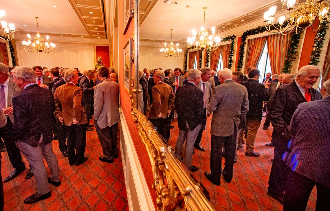 More than 100 Exchange Club of Fort Worth members gather for the club’s annual Goodfellows Christmas luncheon fundraiser at the Fort Worth Club Wednesday, Dec. 7, 2022. Republican political consultant Karl Rove spoke at the event.