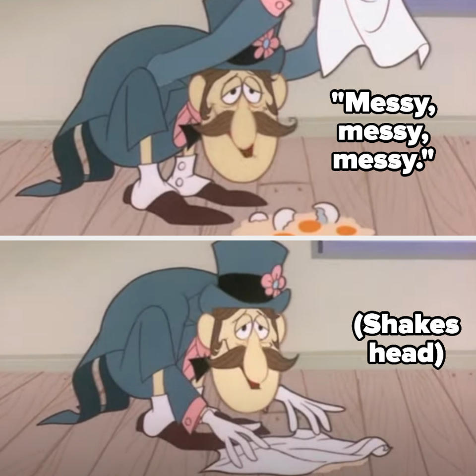 professor hinkle saying "messy, messy, messy" and cleaning up cracked eggs in frosty the snowman