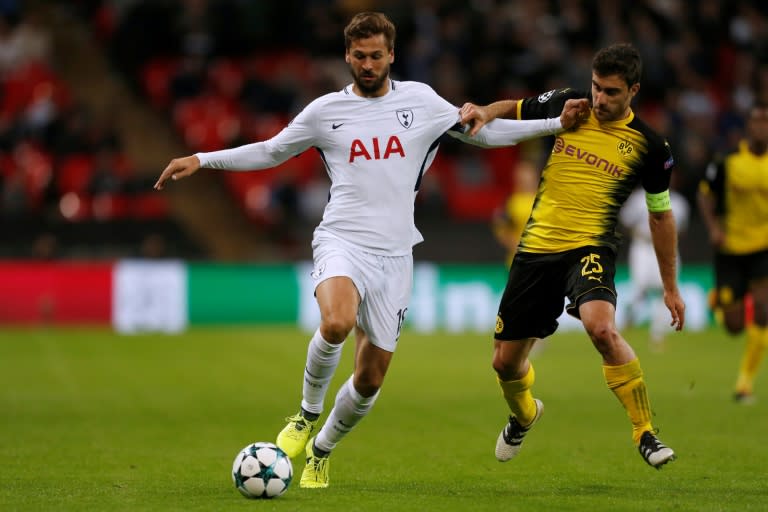 Tottenham Hotspur striker Fernando Llorente (L) vies with Borussia Dortmund defender Sokratis during the UEFA Champions League Group H football match between Tottenham Hotspur and Borussia Dortmund at Wembley Stadium in London, on September 13, 2017