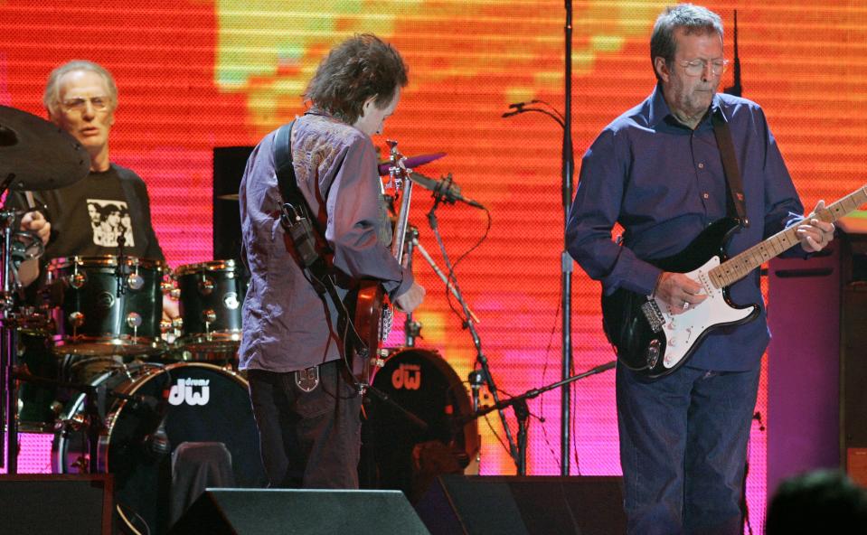 Cream, featuring drummer Ginger Baker, bassist Jack Bruce and guitarist Eric Clapton perform Oct. 24, 2005, at Madison Square Garden in New York. It was the band's first United States performance since their 1993 induction into the Rock and Roll Hall of Fame.