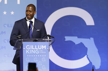 Democratic Florida gubernatorial nominee and Tallahassee Mayor Andrew Gillum concedes the race to U.S. Rep. Ron DeSantis at his midterm election night rally in Tallahassee, Florida, U.S. November 6, 2018. REUTERS/Colin Hackley