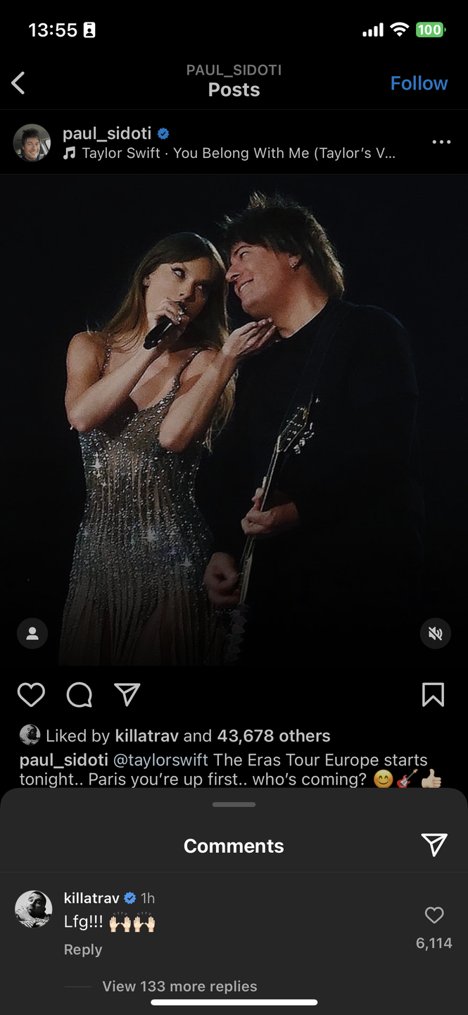 travis kelce's comment on taylor swift's guitarist's instagram