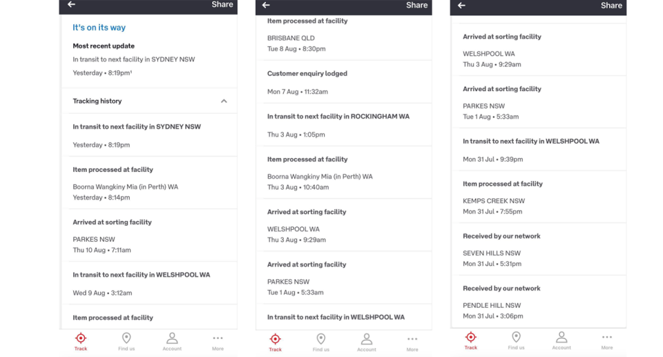 A full transcript of the package's processing history can be seen on the Australia Post tracking ap. 