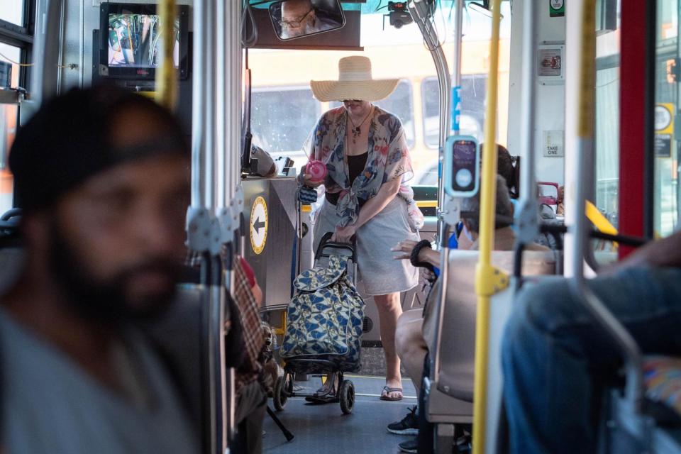 PHOTO: People commute on a Metro bus in Los Angeles Thursday, July 14, 2022. (Sarah Reingewirtz/MediaNews Group/Los Angeles Daily News via Getty Images)