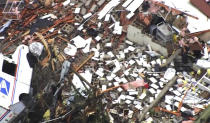 This image taken from video provided by KOCO shows damage caused by a tornado in Sulphur, Okla., Sunday, April 28, 2024. (KOCO via AP)