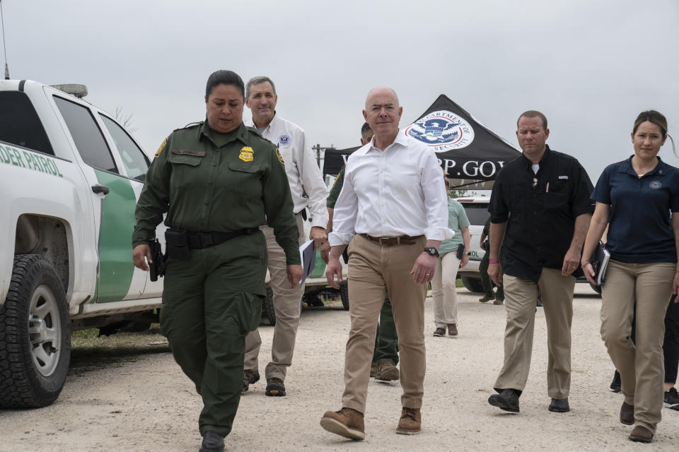 FILE - U.S. Homeland Security Secretary Alejandro Mayorkas arrives for a press conference in Brownsville, Texas, Friday, May 5, 2023. Mayorkas said Friday that authorities faced "extremely challenging" circumstances along the border with Mexico days before pandemic-related asylum restrictions end. (AP Photo/Veronica G. Cardenas, File)