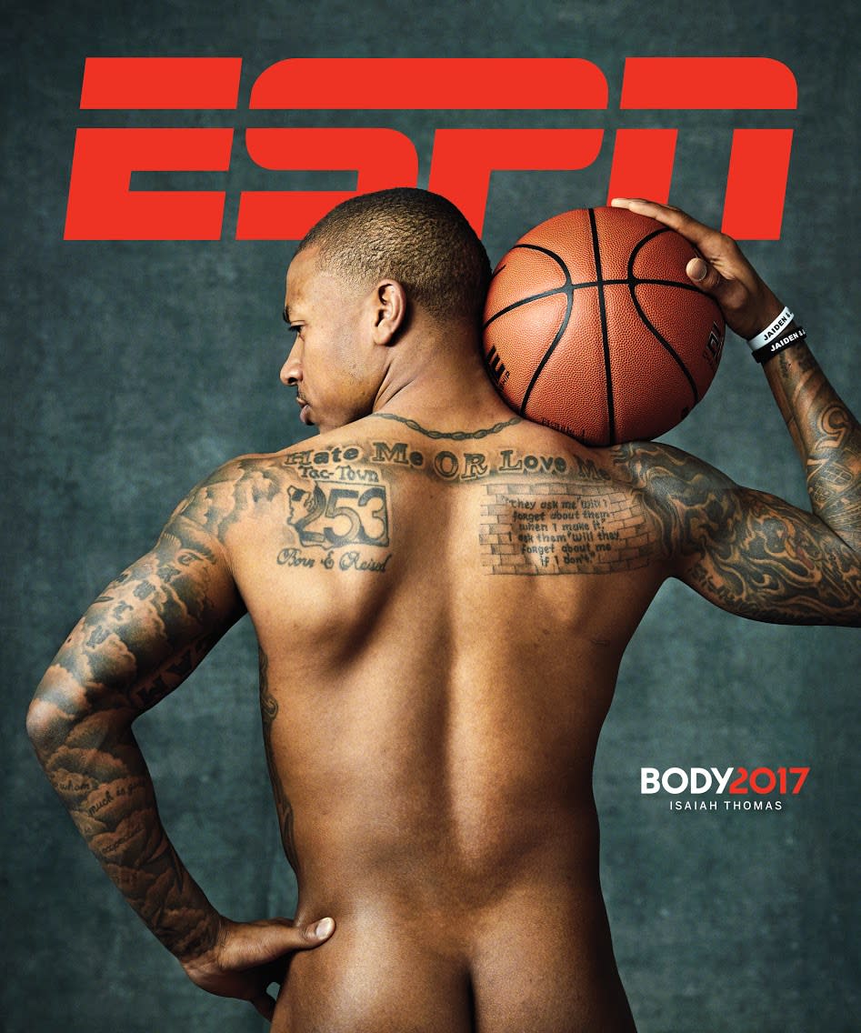 A first look at Isaiah Thomas on the cover of ESPN the Magazine's annual Body Issue. (Photo via Walter Iooss)