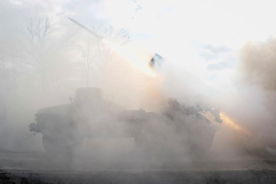 Ukrainian servicemen of the 59th Separate Motorised Infantry Brigade of the Armed Forces of Ukraine fire a BM-21 Grad multiple launch rocket system towards Russian troops in the Donetsk region on Feb. 4, 2024.