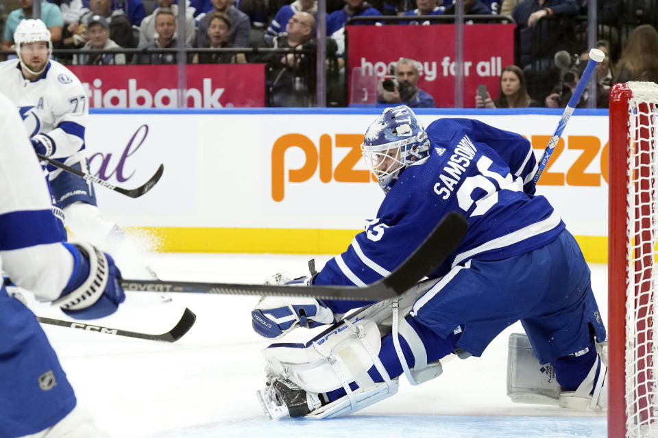 Toronto Maple Leafs goaltender Ilya Samsonov looks back as Tampa Bay Lightning defenseman Victor Hedman (77) scores during the first period of an NHL hockey game in Toronto on Monday Nov. 6, 2023. (Chris Young/The Canadian Press via AP)