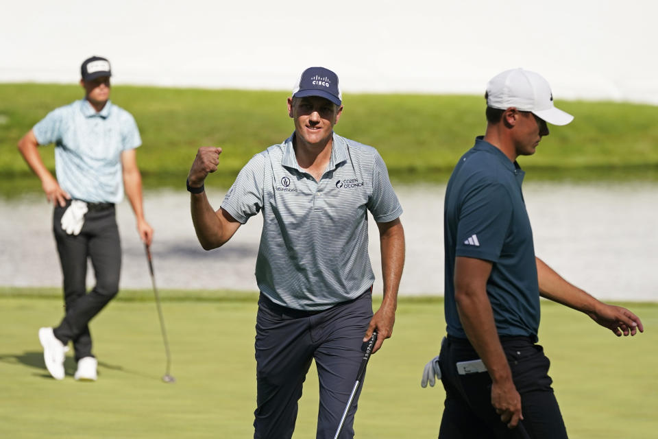Brendon Todd reacts after making his putt on the 18th green during the third round of the John Deere Classic golf tournament, Saturday, July 8, 2023, at TPC Deere Run in Silvis, Ill. (AP Photo/Charlie Neibergall)