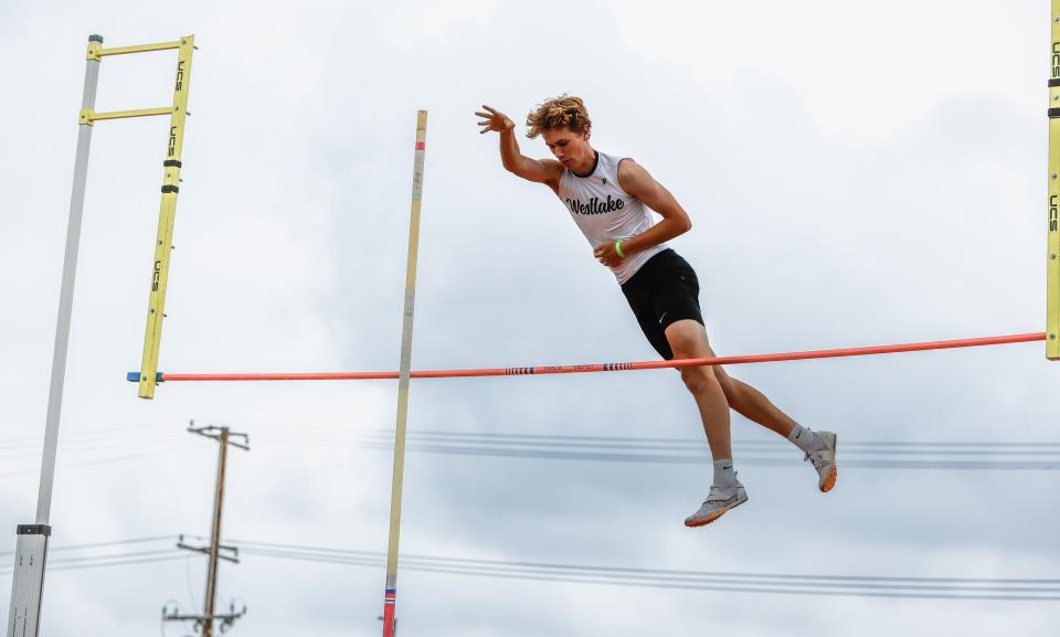 Westlake's Cade Sommers soars over the bar in the boys pole vault at the CIF-SS Division 2 Track and Field Prelims on Saturday, May 4, 2024, at Ontario High School. Sommers qualified for the CIF-SS finals by clearing 13 feet, 3 inches.
