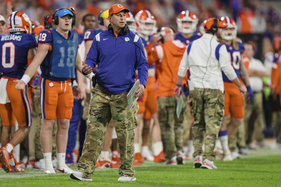 Clemson head coach Dabo Swinney looks on in the second half of an NCAA college football game against Louisville, Saturday, Nov. 12, 2022, in Clemson, S.C. (AP Photo/Jacob Kupferman)