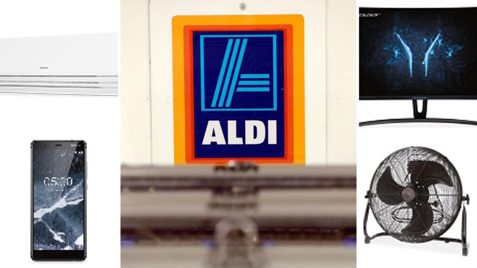 Aldi sign in the centre, surrounded by Special Buys smartphone, air conditioner, monitor and fan.
