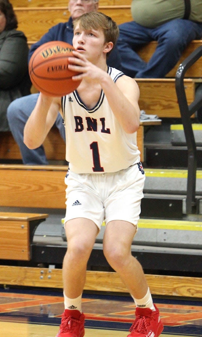 BNL sophomore Trace Rynders lines up a 3-pointer Saturday night at BNL Fieldhouse.