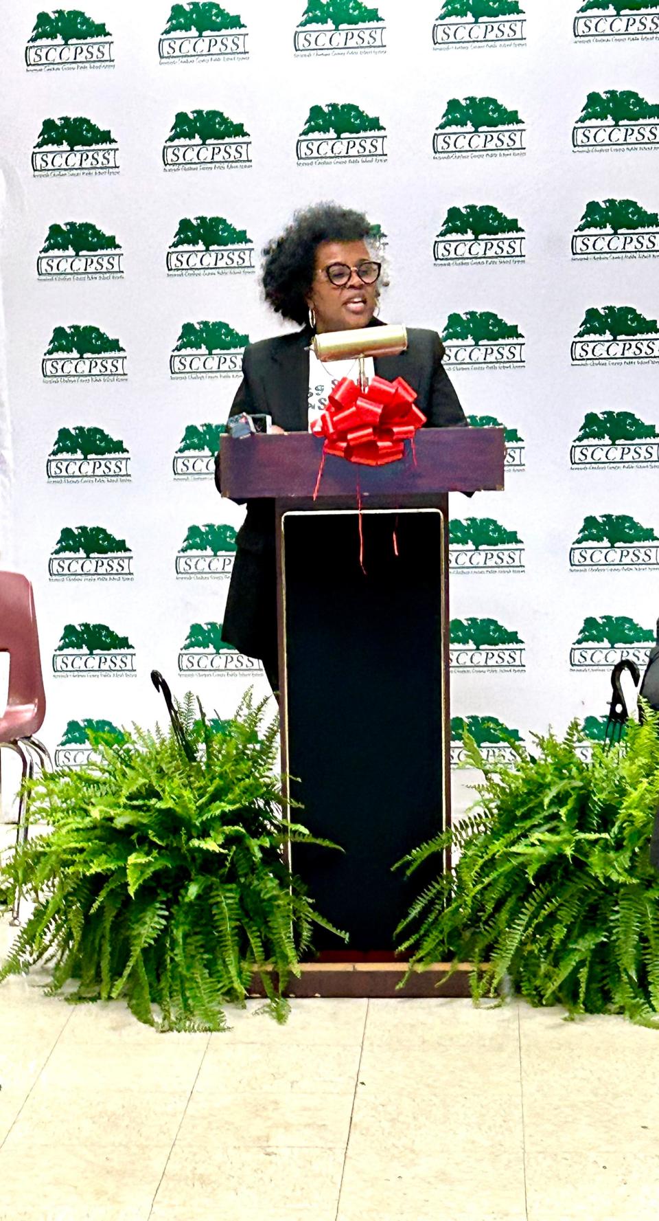 Savannah-Chatham Deputy Superintendent Bernadette Ball-Oliver speaks about attendance concerns and efforts during SCCPSS's Attendance Matters campaign kick off on Friday March 22, 2024.