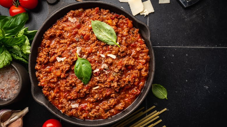 A skillet of bolognese 