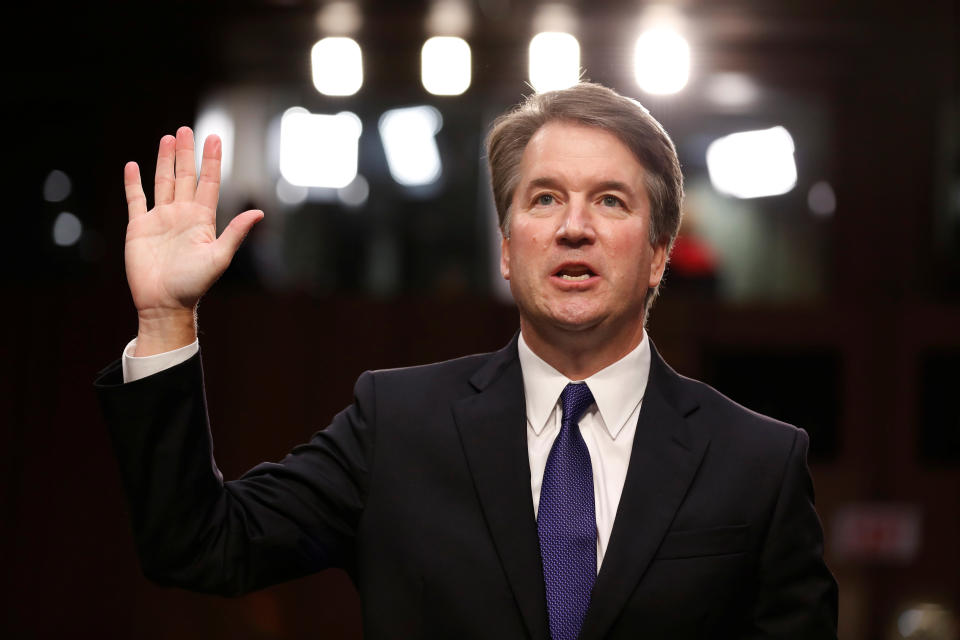 Kavanaugh is sworn in during his Senate Judiciary Committee confirmation hearing for the Supreme Court on Tuesday. (Photo: Chris Wattie/Reuters)