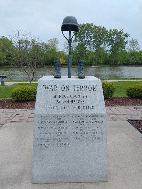 The front view of the War on Terrorism Memorial lists the names of local troops who died in the War on Terrorism efforts that began after 9/11.