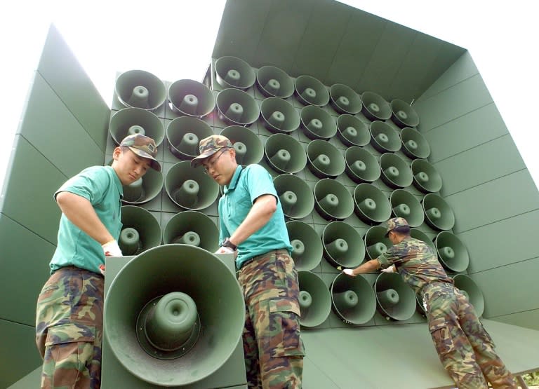 South Korean soldiers dismantle propaganda loudspeakers along the border with North Korea near Paju