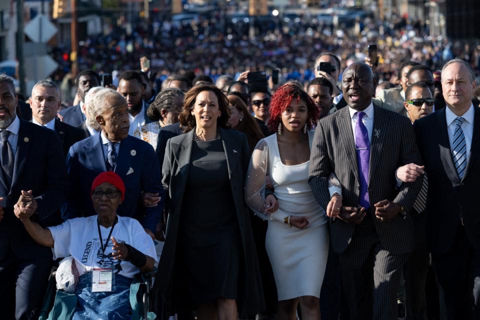 Kamala Harris walks in a march across the Edmund Pettus Bridge during a commemoration of the 59th anniversary of Bloody Sunday in Selma, Alabama, March, 2024 (AFP)