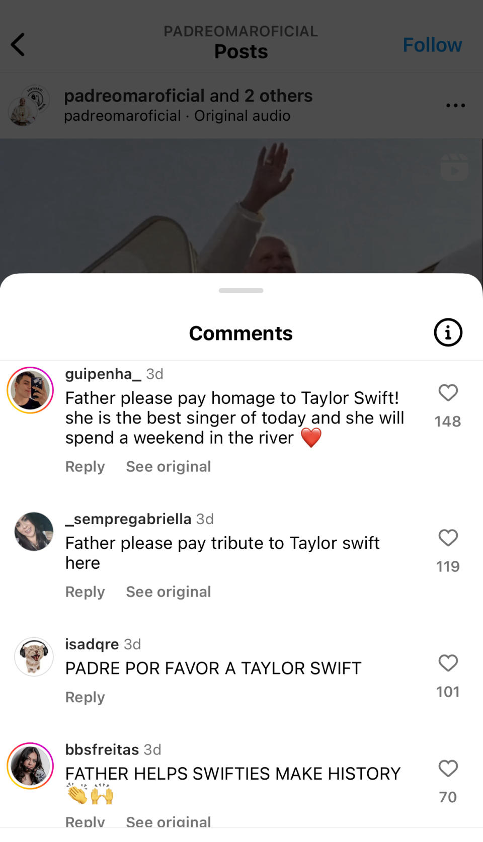 Comment section of an Instagram post with comments from Swifties saying things like "Father please pay homage to Taylor Swift" and "padre por favor a taylor swift!!!"