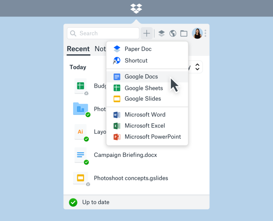 Clicking to open the new Dropbox app displays icons for G-Suite services like Google Docs and Microsoft products like Word and PowerPoint. shows Source: Dropbox