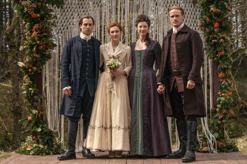 Roger (Richard Rankin), Brianna (Sophie Skelton), Claire (Caitriona Balfe) and Jamie (Sam Heughan)