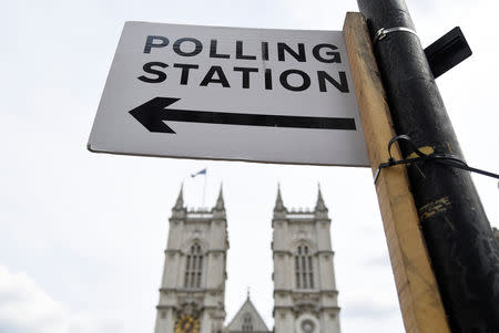 A polling station sign is seen ahead of the forthcoming EU elections, near Westminster Abbey in London, Britain, May 22, 2019. REUTERS/Toby Melville