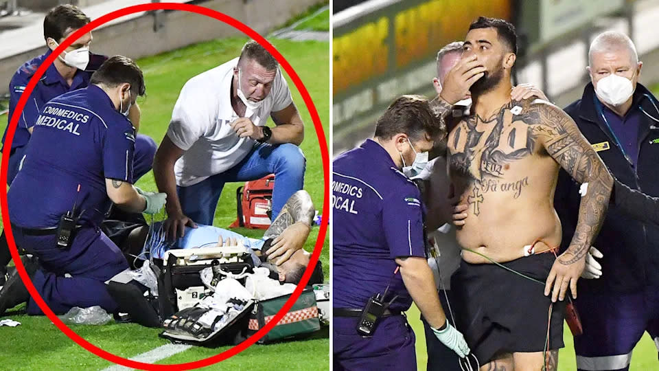 Pictured here, paramedics attend to Cronulla's Andrew Fifita after the scary incident against the Knights in the NRL.