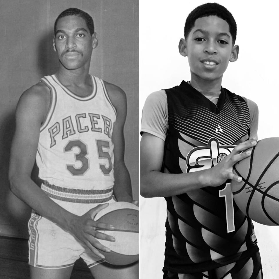 Late Pacers star Roger Brown (left) and his grandson Hudson Mayes.