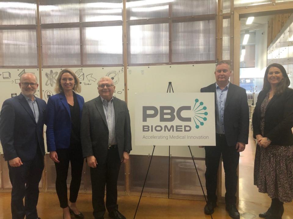 From left, Greater Memphis Chamber President Ted Townsend, Britt Martinez, vice president of business development and marketing for PBC BioMed, PBC BioMed Chief Medical Officer Thomas Russell, PBC BioMed Chief Scientific Officer Gerard Insley and Epicenter President and CEO Jessica Taveau announce the opening of PBC BioMed's first U.S. office in Memphis.