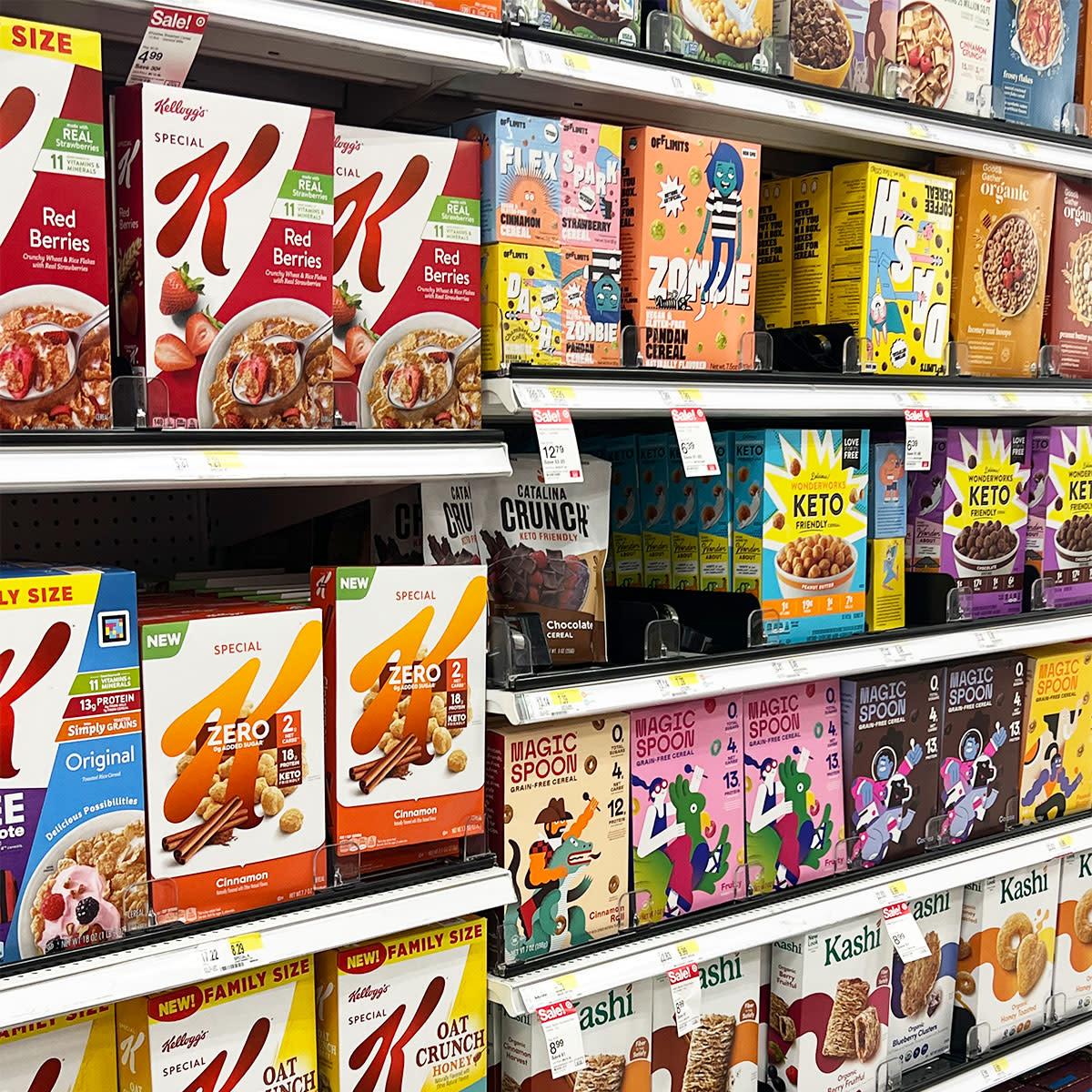 shelves of cereal boxes