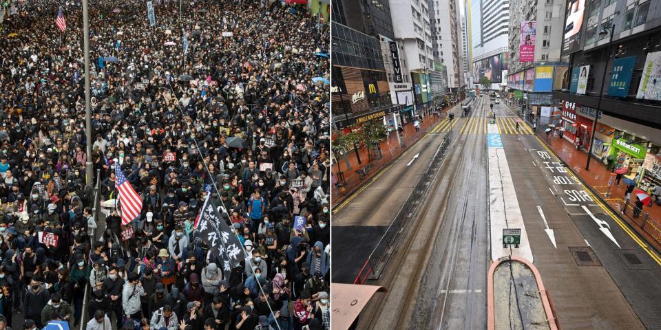 A diptych of protestors in Causeway Bay and empty streets in Causeway Bay