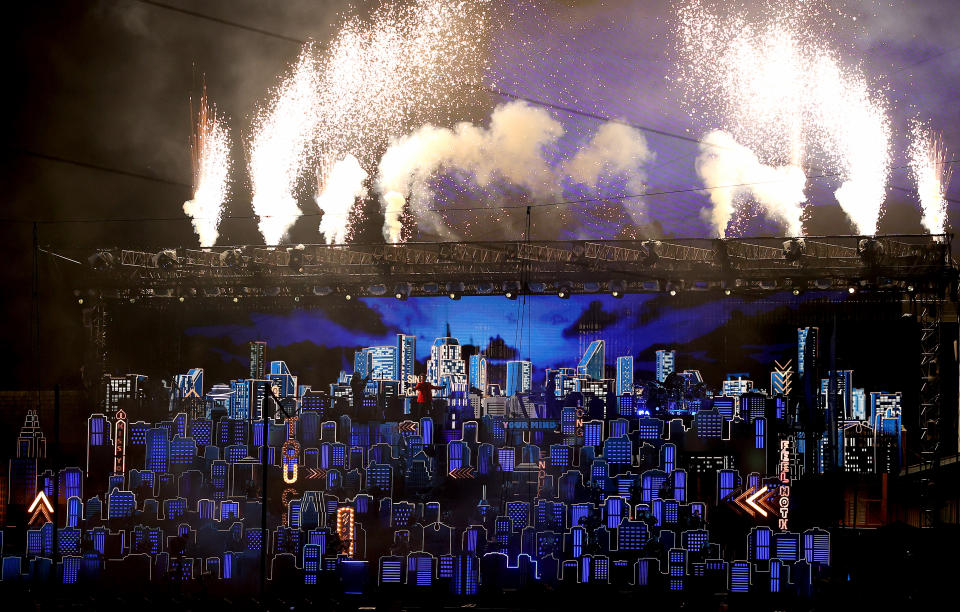 <p>TAMPA, FLORIDA - FEBRUARY 07: A view of the stage as The Weeknd performs during the Pepsi Super Bowl LV Halftime Show at Raymond James Stadium on February 07, 2021 in Tampa, Florida. (Photo by Kevin C. Cox/Getty Images)</p> 