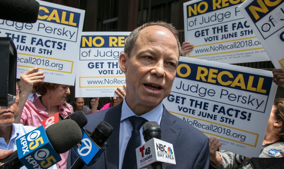 Judge Aaron Persky talks to the media at the No Recall campaign rally in front of the Santa Clara County Government Center in San Jose, California, on Wednesday, May 30, 2018. (Photo: MediaNews Group/The Mercury News via Getty Images via Getty Images)