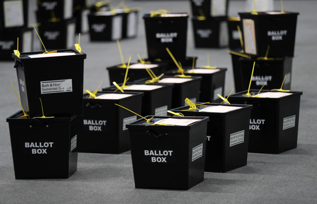 Ballot boxes are seen at a counting centre during Britain's general election, Bath, Britain December 12, 2019.  REUTERS/Ian Walton