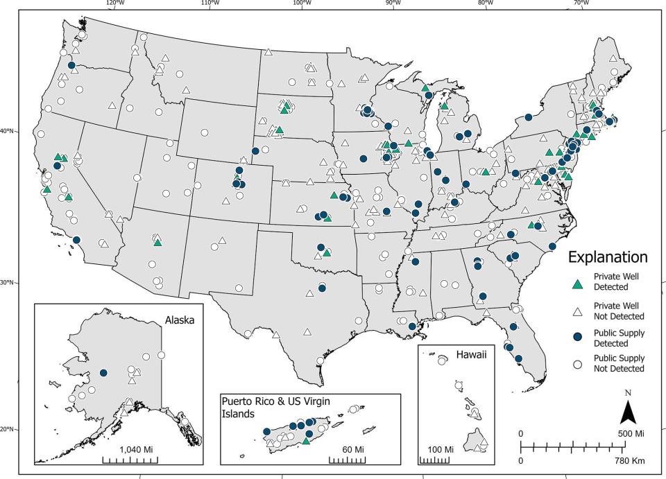 Map showing PFAS contamination levels in the US