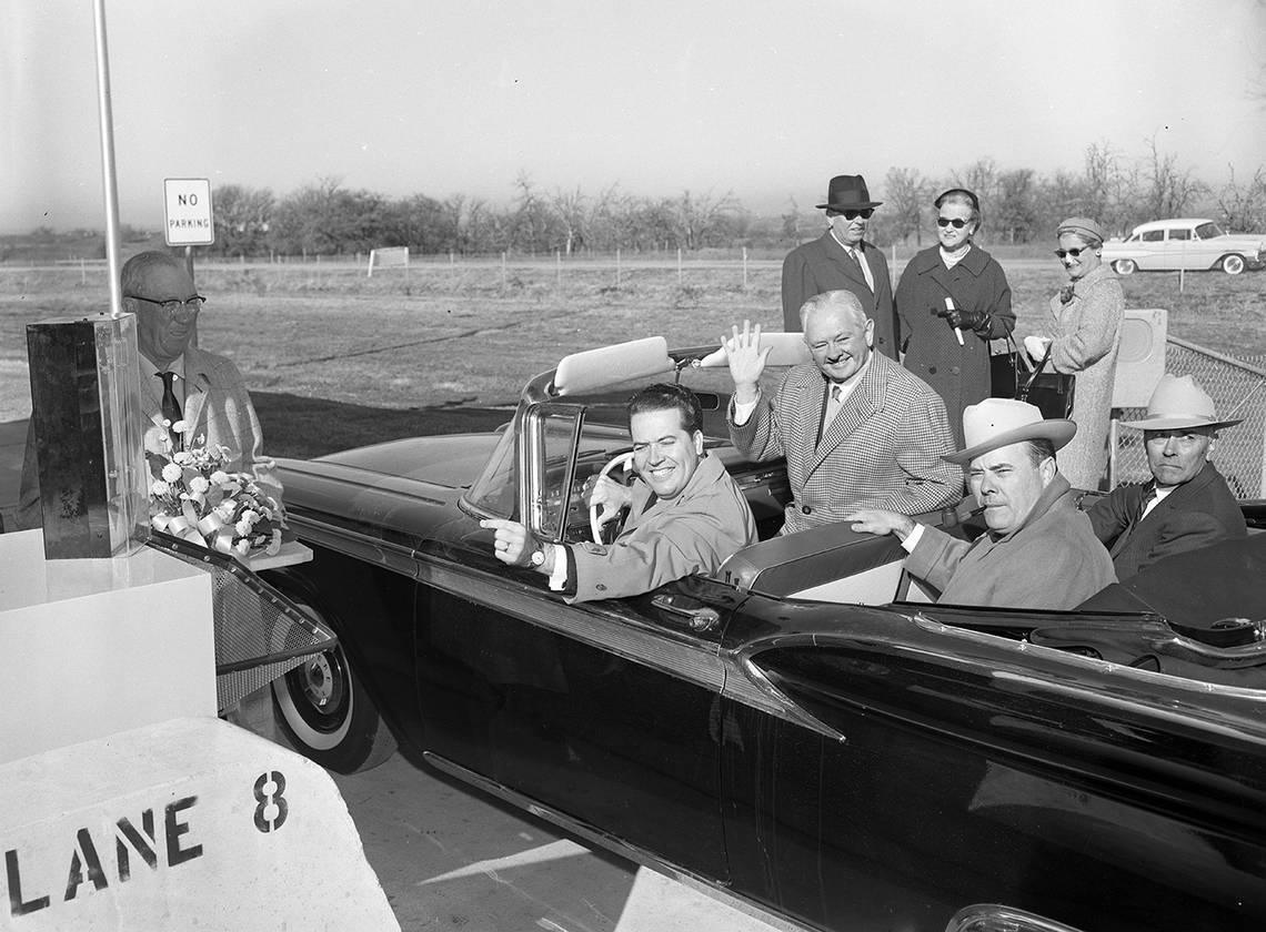 Nov. 29, 1958: Arch Rowman, left, who is vice chairman of the Texas Turnpike Authority, smiles at the first men to use the new entry ramp that leads to downtown Fort Worth. The men in the car, from left, are councilmen Tommie Thompson and Jesse Roach, Mayor Tom McCann, and Commissioner C.H. Wright.