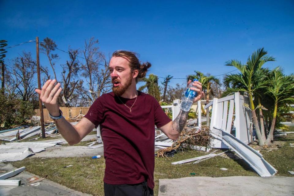 Cole Mazza talks about his ordeal swimming to safety with his two cats as Hurricane Ian hit Florida’s west coast as a category 4 storm, on September 29, 2022.