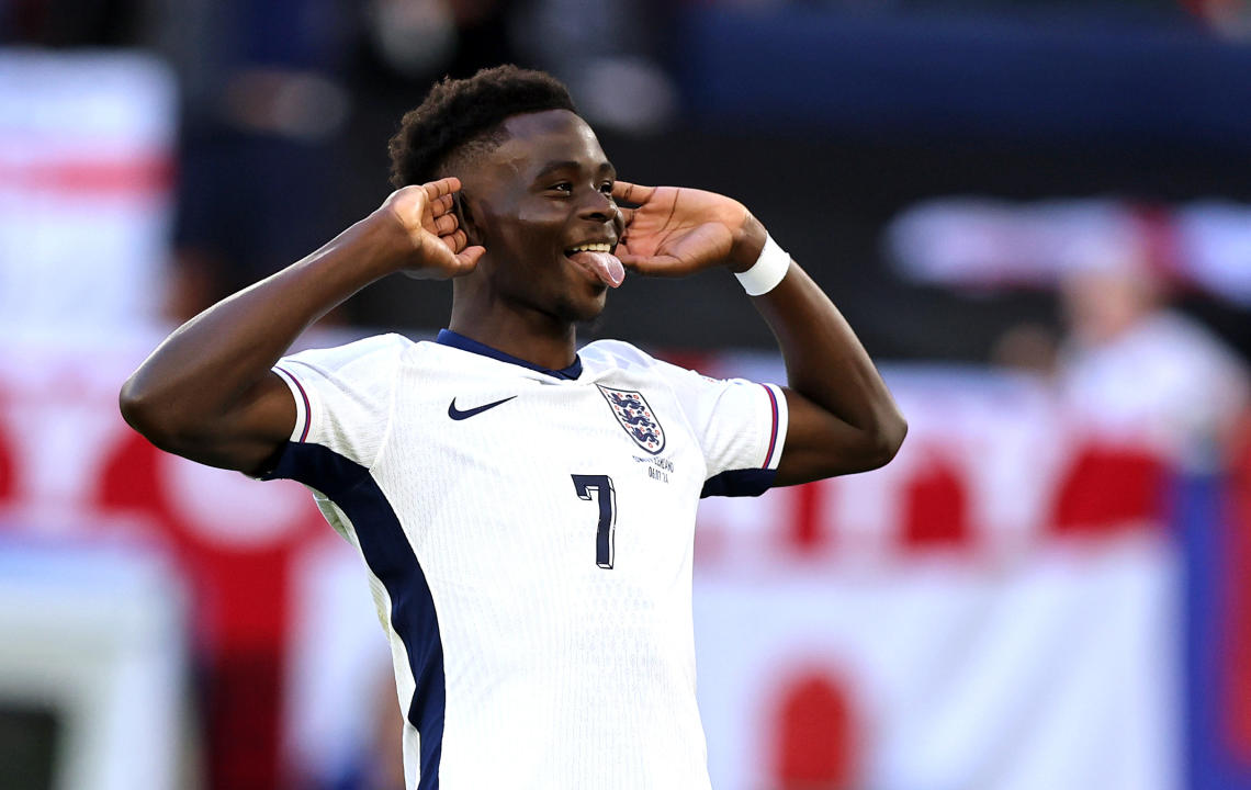DUSSELDORF, GERMANY - JULY 06: Bukayo Saka of England celebrates as he scores the goal during penalty shot out during the UEFA EURO 2024 quarter-final match between England and Switzerland at Düsseldorf Arena on July 06, 2024 in Dusseldorf, Germany. (Photo by Stefan Matzke - sampics/Getty Images)