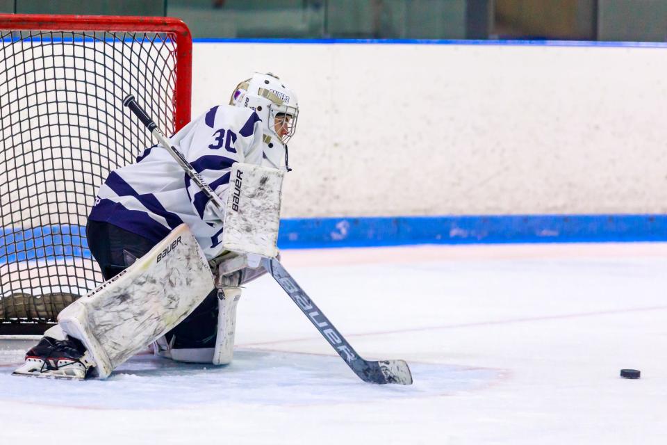 Somerset Berkley’s Brandon Silva gets ready to push aside a breakaway chance from Bourne on Wednesday.