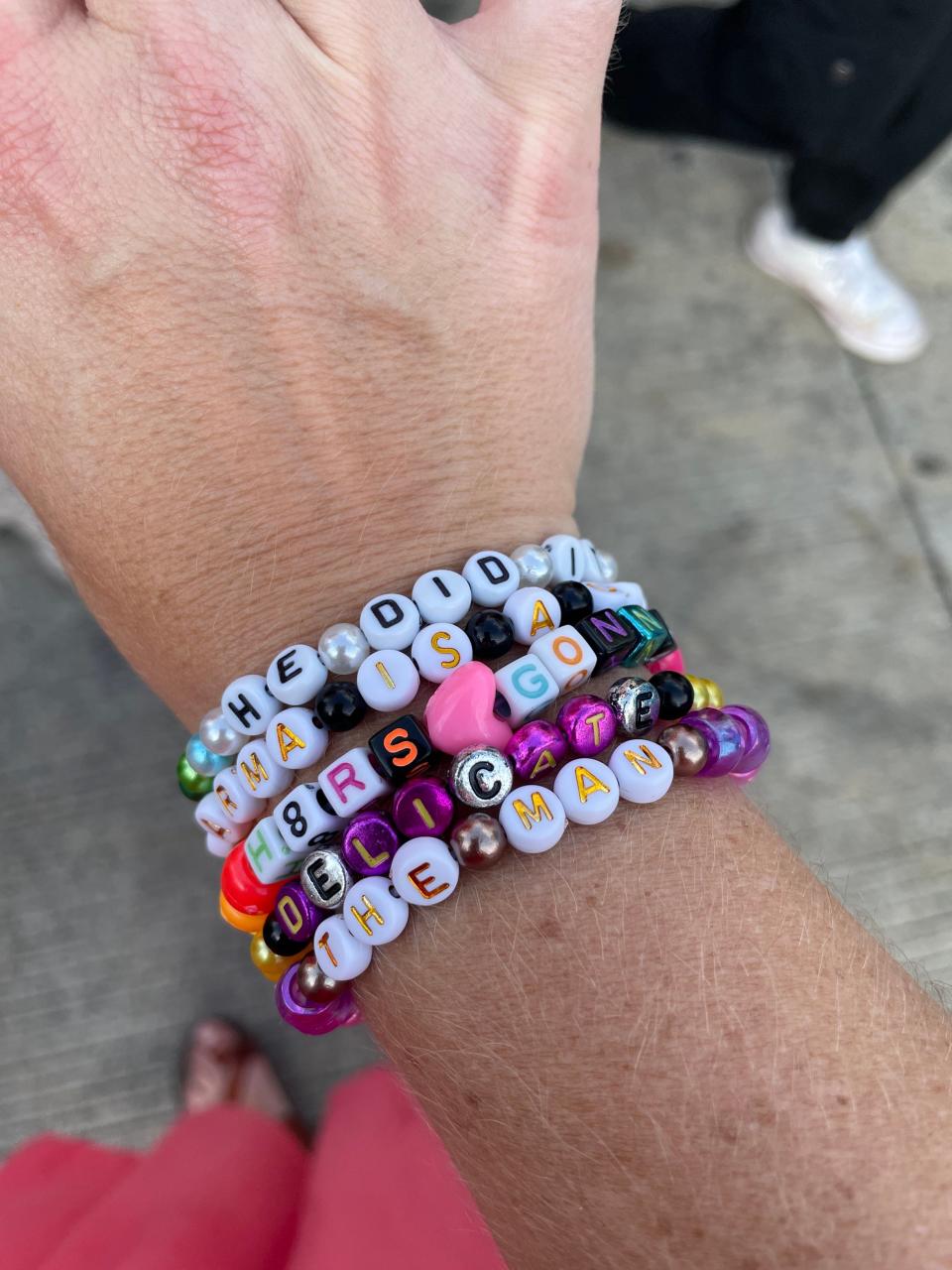 Concertgoers made Taylor Swift themed friendship bracelets to give away and trade at her concerts, shown outside Paycor Stadium on June 30, 2023 in Cincinnati, Ohio.