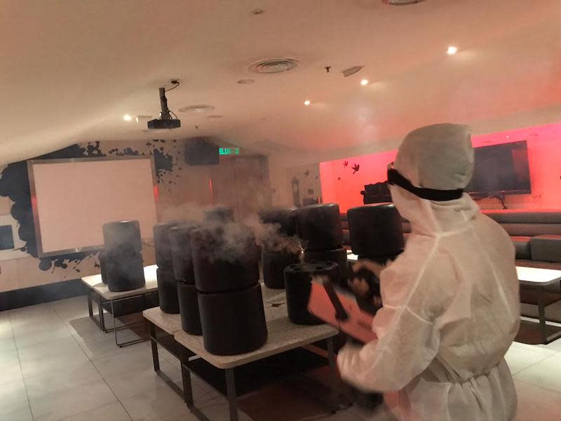 Red Box Karaoke carried out disinfection works during the CMCO in hopes of receiving the greenlight from the authorities to operate. – Picture courtesy of Red Box Karaoke