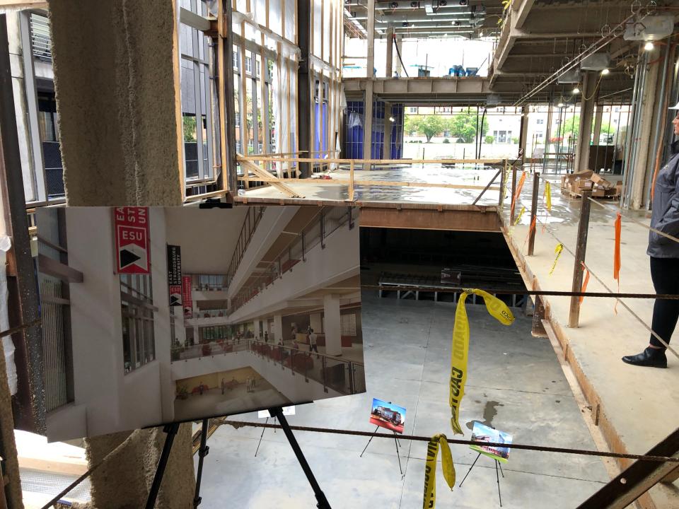 A rendering of the atrium, and the atrium itself, are seen during a tour of University Center while under construction on Friday, May 10, 2024.