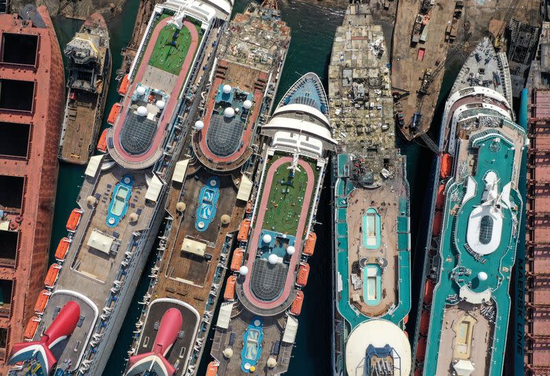 A drone image shows decommissioned cruise ships being dismantled at Aliaga ship-breaking yard in the Aegean port city of Izmir