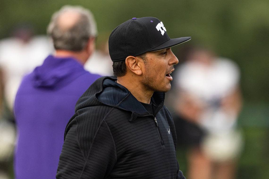 TCU Defensive Coordinator Andy Avalos coaches the defense in a spring practice at the Sheridan & Clif Morris Football Practice Fields on Wednesday.