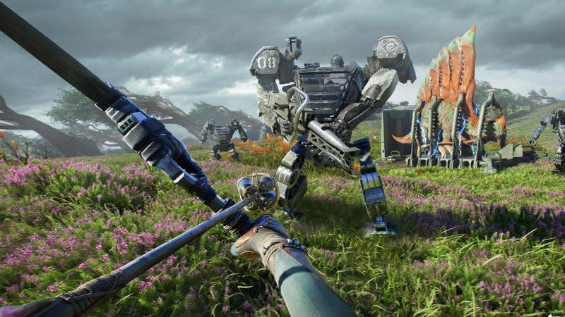 A screenshot shows a Na'vi alien using a bow against a giant mech.