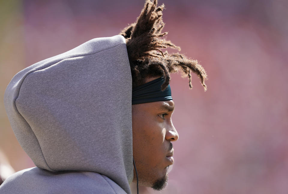 SANTA CLARA, CALIFORNIA - OCTOBER 27: Cam Newton #1 of the Carolina Panthers looks on from the sidelines against the San Francisco 49ers during an NFL football game at Levi's Stadium on October 27, 2019 in Santa Clara, California. (Photo by Thearon W. Henderson/Getty Images)