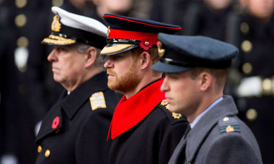 <p>Prince Harry, 33, appeared alongside his father, Prince Charles, and his brother, Prince William, at the Cenotaph in London, England on Remembrance Day to lay their wreaths. Although Harry looked dapper in the uniform of a Captain in the Household Cavalry’s Blues and Royals, he broke one major rule by wearing a full beard while on official duty in a British Army uniform … <em>(Photo: Getty)</em> </p>